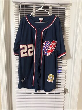 Navy Baseball Jersey with Patriotic Script Logo and Number 22